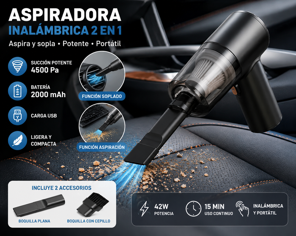 Aspiradora Inalámbrica para Auto 2 en 1