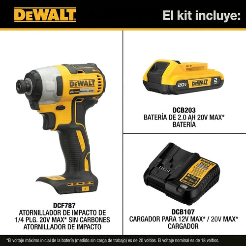 Atornillador de Impacto 20V MAX, 1/4 Pulgada, Batería y Cargador Incluidos (DCF787D1)