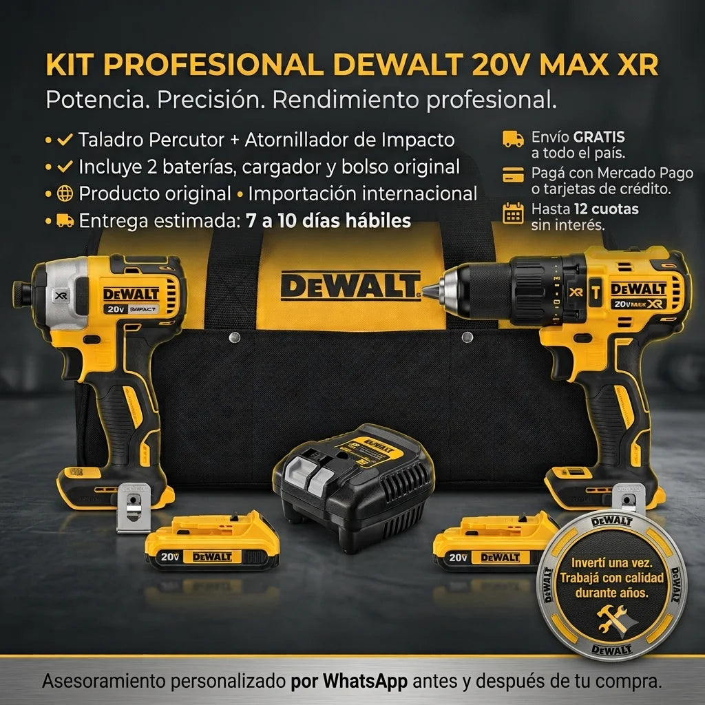 Kit DEWALT 20V MAX XR Profesional – Taladro Percutor + Atornillador de Impacto con 2 Baterías
